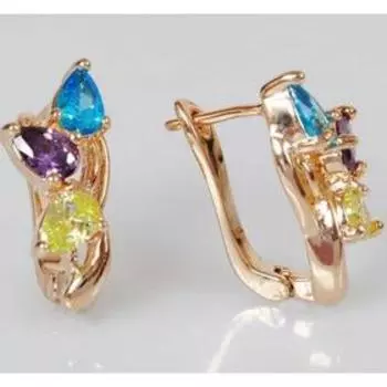 Серьги с разноцветными фианитами "Трилистник", позолота с родированием