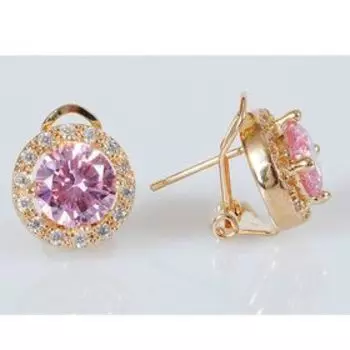 Серьги с розовым фианитом "Круг в цирконах", позолота с родированием