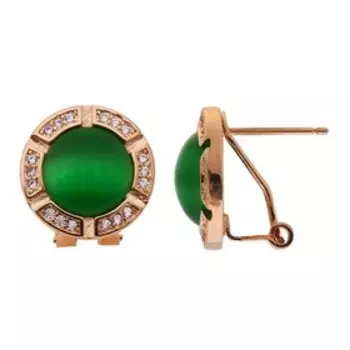 Серьги с зеленым кошачьим глазом "Луна", позолота с родированием
