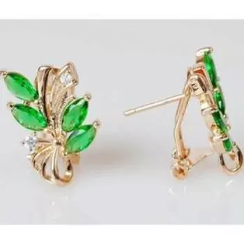 Серьги с зелёным фианитом "Эффект бабочки", позолота с родированием