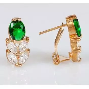 Серьги с зелёным фианитом "Кабошон с колоском", позолота с родированием