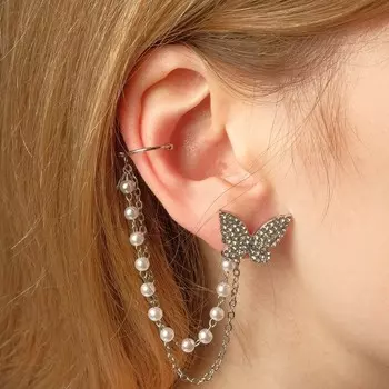 Серьги с жемчугом «Бабочка» асимметрия, цвет белый в серебре