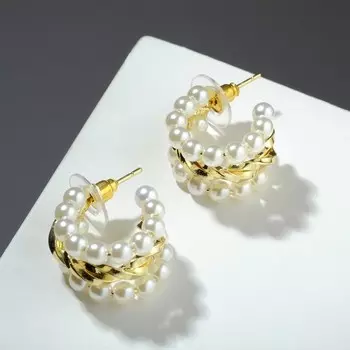 Серьги с жемчугом "Кольца" два ряда, цвет белый в золоте