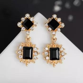 Серьги со стразами «Ажур» дуэт, чёрные в золоте