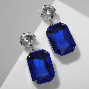 Серьги со стразами «Драгоценность» фигуры, цвет бело-синий в серебре
