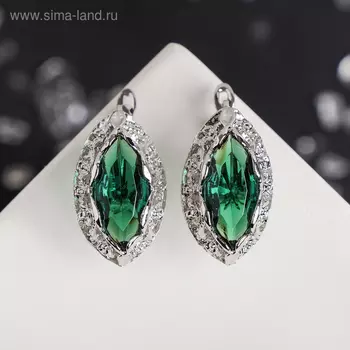 Серьги со стразами «Эдель» эллипс ажурный, цвет изумрудный в серебре