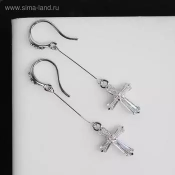 Серьги со стразами "Крестики" искорки на проволоке, цвет белый в серебре