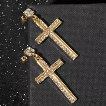 Серьги со стразами «Крестики» полосы, белые в золоте