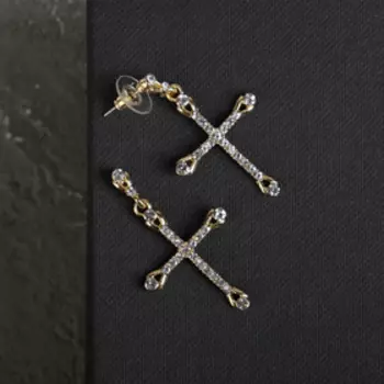 Серьги со стразами «Крестики» вставки, белые в золоте