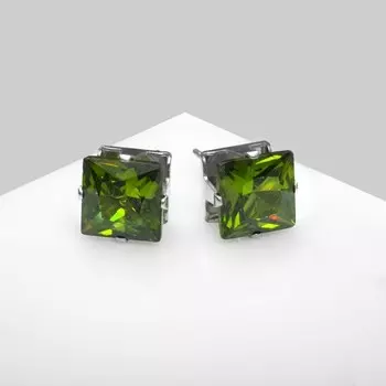 Серьги со стразами «Пусеты» сияние, квадрат, d=0.8, зелёные в серебре