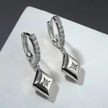 Серьги со стразами "Ромбики" минимал, цвет белый в серебре