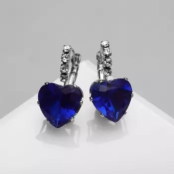 Серьги со стразами «Сердце» мерцание, синие в серебре