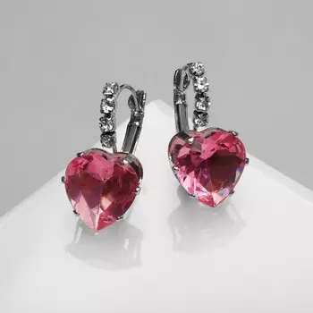 Серьги со стразами «Сердце» мерцание, розовые в серебре