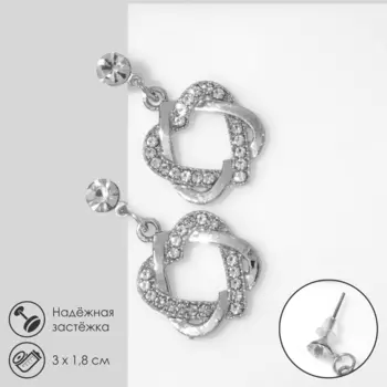 Серьги со стразами «Сердце» переплетение, белые в серебре