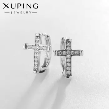 Серьги со стразами XUPING крест мини, цвет белый в серебре