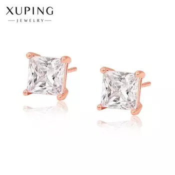 Серьги со стразами XUPING пусеты, квадрат, цвет белый в розовом золоте