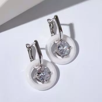 Серьги-трансформеры керамика "Кольцо" с кристаллом, цвет белый в серебре