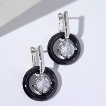 Серьги-трансформеры керамика "Кольцо" с кристаллом, цвет чёрный в серебре