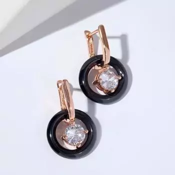 Серьги-трансформеры керамика "Кольцо" с кристаллом, цвет чёрный в золоте