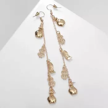 Серьги висячие "Деньги" доллары, цвет золото