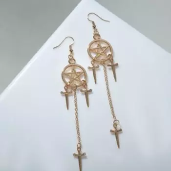 Серьги висячие "Пентаграмма" с кинжалами, цвет золото, 12,5см