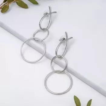 Серьги висячие "Притяжение" круги, цвет серебро