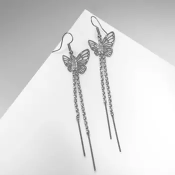 Серьги висячие со стразами «Бабочки» нити, цвет белый в серебре, 9 см