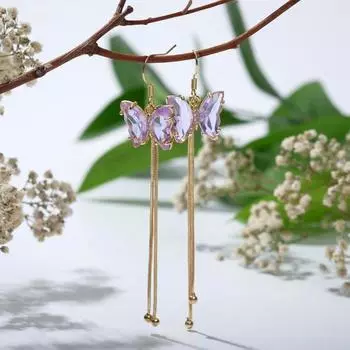 Серьги висячие со стразами "Бабочки" полупрозрачные, цвет сиреневый в золоте