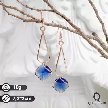 Серьги висячие со стразами «Капля с ромбом», цвет синий в розовом золоте