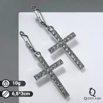 Серьги со стразами «Крестики» классика удлинённые, белые в серебре