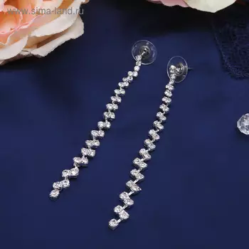 Серьги висячие со стразами Princess дорожка утончённая, белые в серебре,8 см