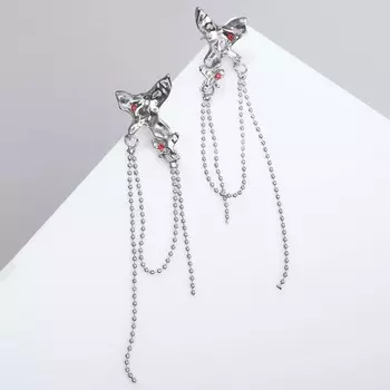 Серьги висячие со стразами «Жар-птица» с цепочкой, цвет красный в серебре, 8 см