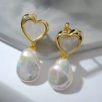 Серьги "Жемчуг барокко" сердце, цвет белый в золоте