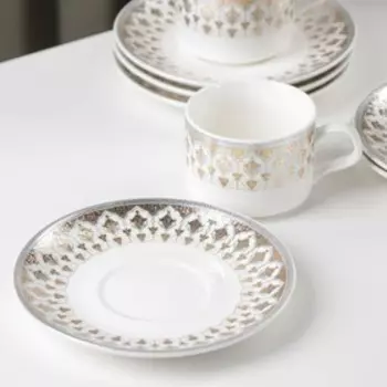 Сервиз чайный «Багет», 12 предметов: 6 чашек 170 мл, 6 блюдец d=15,5 см, цвет серебро