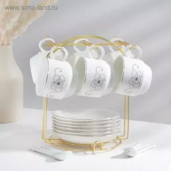 Сервиз чайный «Бланш», 19 предметов: 6 чашек 170 мл, 6 блюдец 13,5 см, 6 ложек, на металлической подставке