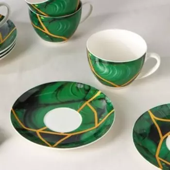 Сервиз чайный Доляна «Малахитовая шкатулка», 12 предметов: 6 чашек 250 мл, 6 блюдец d=15 см, фарфор, зелёный