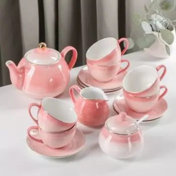 Сервиз чайный фарфоровый Доляна «Млечный путь», 15 предметов: 6 чашек, 6 блюдец, молочник, чайник, сахарница, цвет розовый