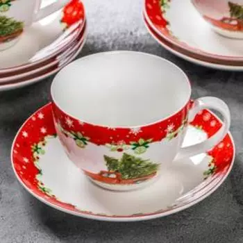 Сервиз фарфоровый чайный Доляна «Новогоднее волшебство», 12 предметов: 6 чашек 280 мл, 6 блюдец d=15 см