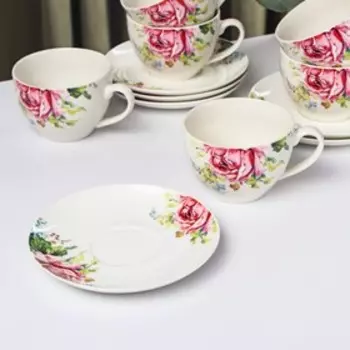 Сервиз чайный Доляна «Роза», 12 предметов: чашка 250 мл, блюдце d=15 см, фарфор, белый