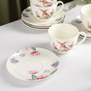 Сервиз чайный Доляна «Зайка», 12 предметов: 6 чашек 250 мл, 6 блюдец d=15 см, фарфор, белый