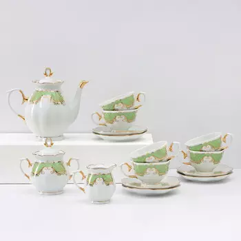 Сервиз чайный Добрушский завод «Симфония», 15 предметов, фарфор, белый, зелёный