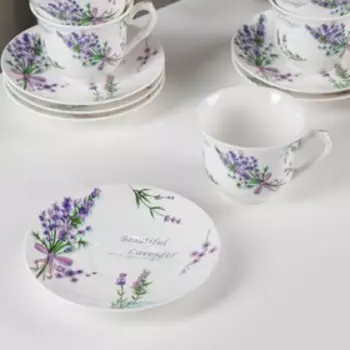 Сервиз чайный Доляна «Лаванда», 12 предметов: 6 чашек 220 мл, 6 блюдец d=14 см, фарфор, белый