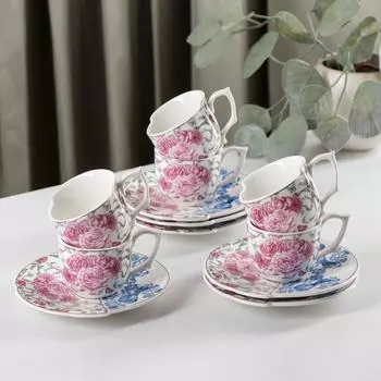 Сервиз фарфоровый кофейный «Дабл», 12 предметов, 6 чашек 90 мл, 6 блюдец d=12,8 см