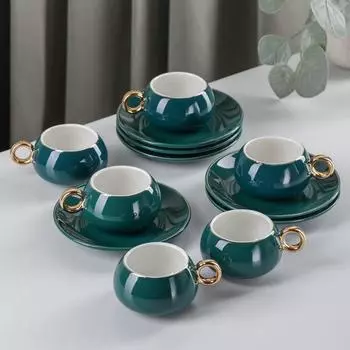 Сервиз кофейный «Капля», 12 предметов: 6 чашек 90 мл, 6 блюдец d=12 см, цвет изумруд
