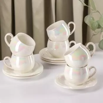 Сервиз кофейный на деревянной подставке «Перламутр», 12 предметов: 6 чашек 120 мл, 6 блюдец 12 см