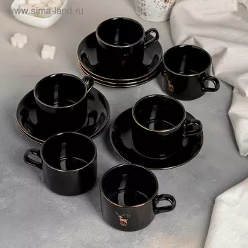 Сервиз кофейный «Тёплое время», 12 шт: 6 чашек 150 мл, 6 блюдец 13,5 см, цвет чёрный