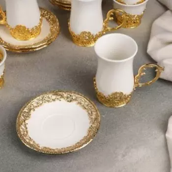 Сервиз «Сияние», на 6 персон, 18 предметов : кружка 120 мл 6 шт, пиала 50 мл, блюдце 11 см 6 шт, 10×11 см, цвет металла золотой