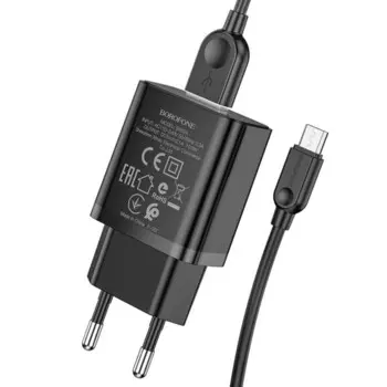 Сетевое зарядное устройство Borofone BA52A, USB, 2.1 А, кабель microUSB, 1 м, чёрное