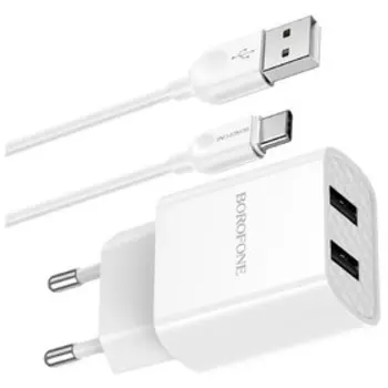 Сетевое зарядное устройство Borofone BA53A, 2xUSB, 2.1 А, кабель Type-C, белое