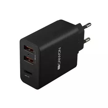 Сетевое зарядное устройство Canyon H-08, 2 USBB/USB-C, 2.4 А, 30 Вт, быстрая зарядка, черное